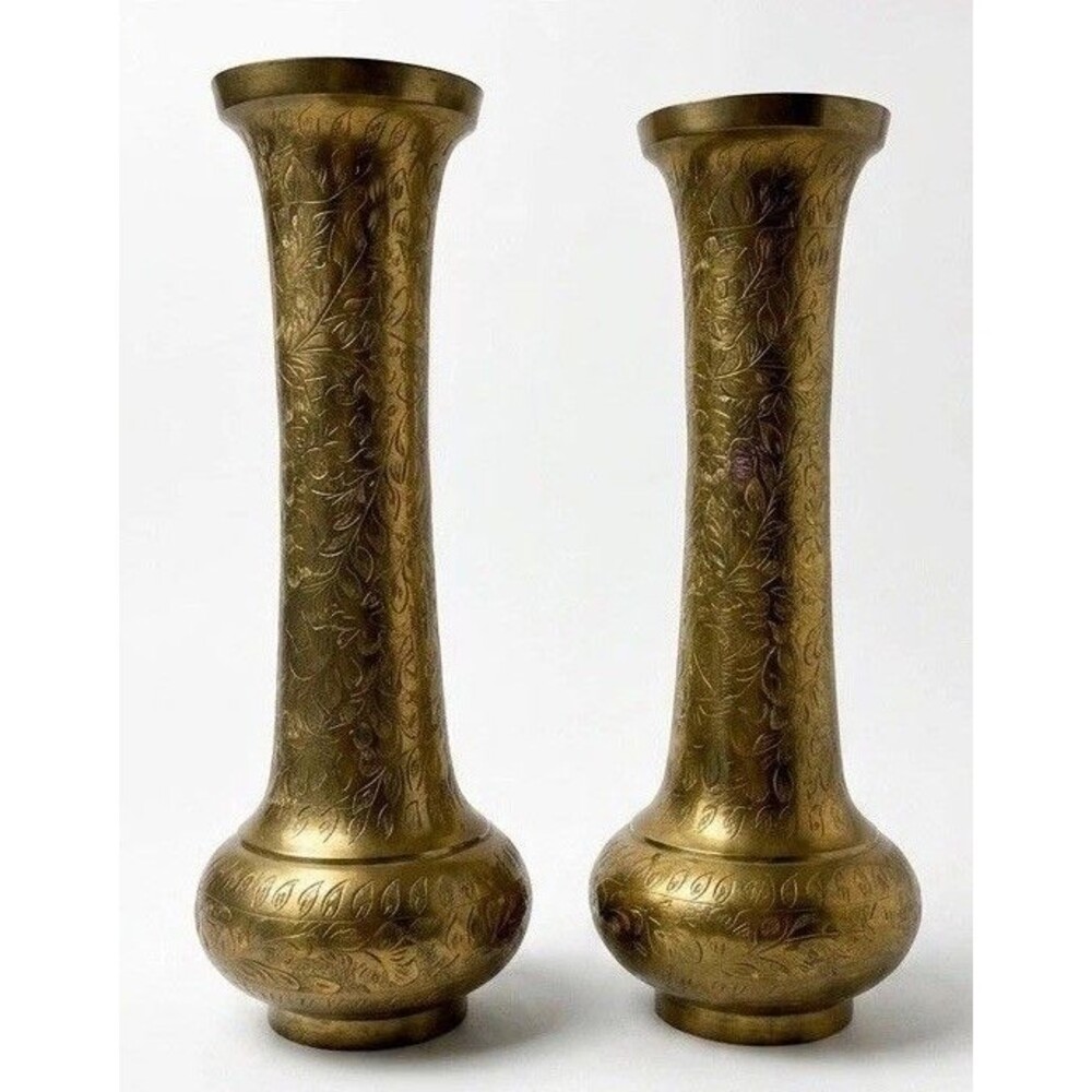Vintage Pair Etched Brass Vases 11.5” Floral Engraved Made in India Boho Decor
